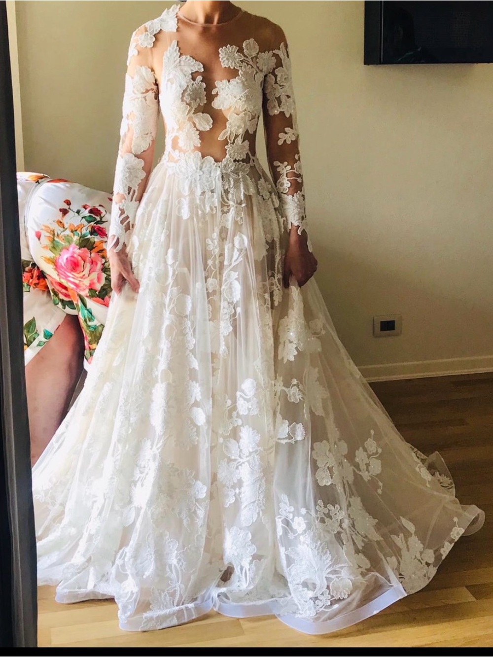 Alessandra Rinaudo Long-Sleeve Floral Appliqué Wedding Gown in Ivory